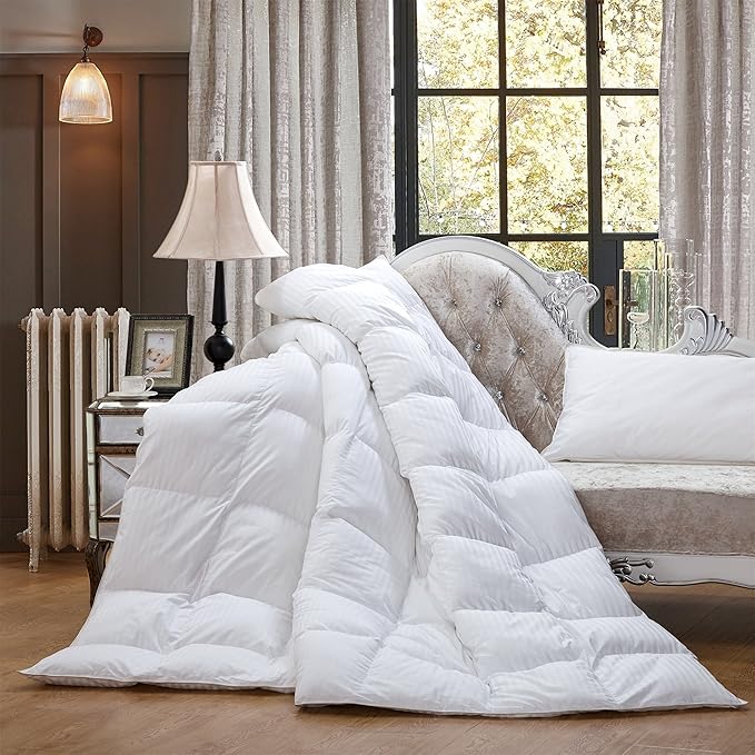 Luxurious All-Season Goose Down Feather Fiber Comforter Duvet Insert, Exquisite Twin White Stripe Design, Premium Baffle Box, 100% Cotton Down Proof Fabric, 50 oz. Fill Weight