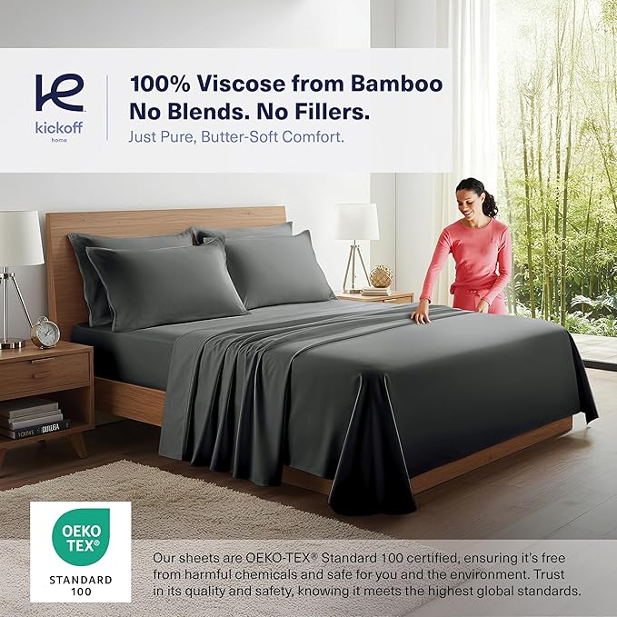 Kickoff Viscose Bamboo Sheets Full Size 4-pc 100% Organic Bamboo Viscose Bed Cooling Sheets Full Size Set Cool Bedding for hot Sleepers Sheet, Flat, Fitted, Pillowcases (Pewter, F)