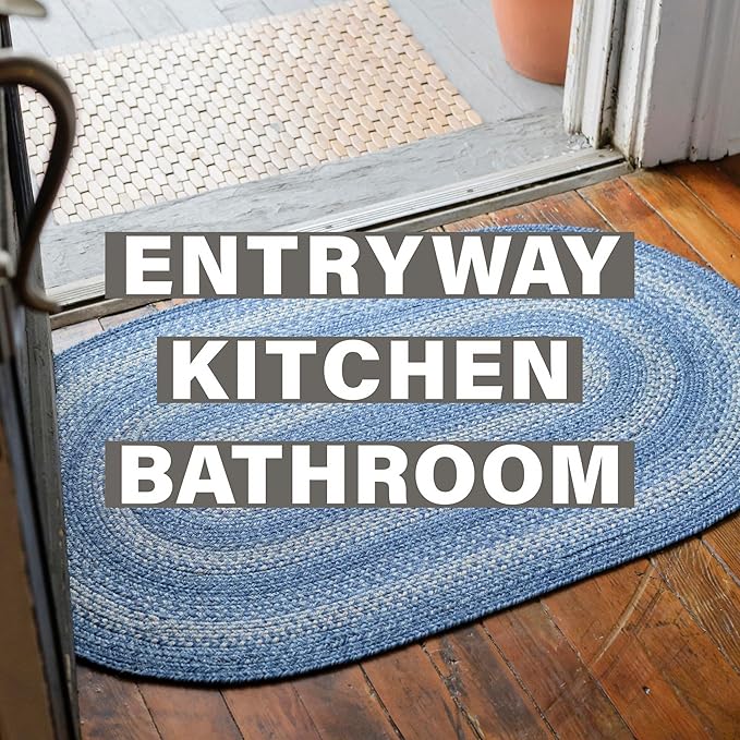 Homespice Denim Premium Jute Braided Area Rug, 22 x 72 Rectangular Hall Runner Blue - Navy - White, Natural Jute Yarn Rustic, Country, Primitive, Farmhouse Style - 30 Day Risk Free Purchase
