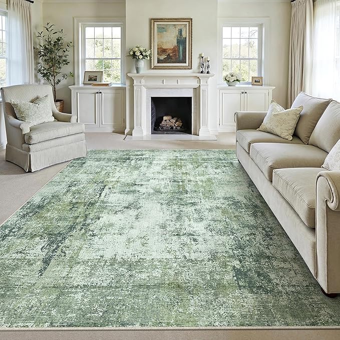 8x10 Washable Area Rug Dark Green Modern Neutral Abstract Living Room Bedroom Indoor Floor Carpet Low Pile Soft Non-Slip Lightweight Vacuumable Large Throw Rug for Nursery Dining Room
