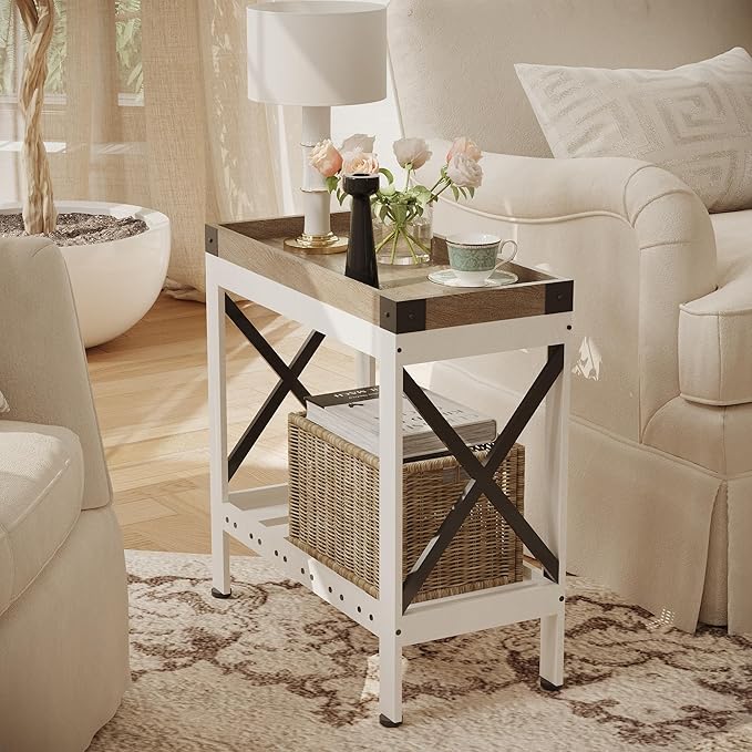 Narrow Side Table, Farmhouse End Table with Charging Station for Small Spaces, with 2 USB and 2 Power Outlets, 21.7" L x 10" W x 21.7" H