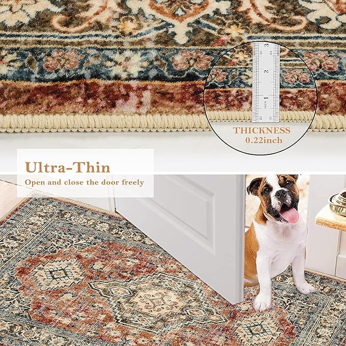Lahome Oriental Kitchen Runner Rug Non Slip, 2x5 Washable Hallway Runner with Rubber Backing, Vintage Hallway Rug Ultra-Thin Soft Carpet for Bedroom Bathroom, Brick Red