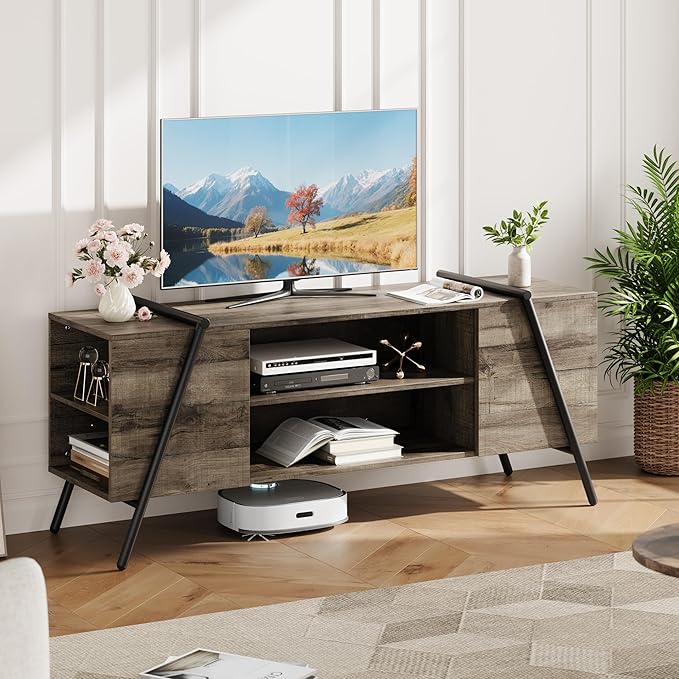 Garvee 55 Inch TV Stand with Slanted Metal Legs, Industrial Media Console with Adjustable Open Shelves, Wooden Entertainment Center Television Stand for Living Room, Bedroom, Oak