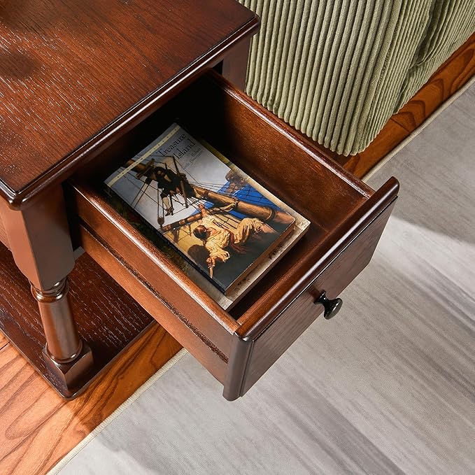 Narrow End Table with Drawer and Storage Shelf, Solid Wood Sofa Side Tables for Living Room, Slim Beside Table-, Vintage Telephone Tabless for Small Spaces, No-Tools Assembly Vintage Walnut BBJ004DWA