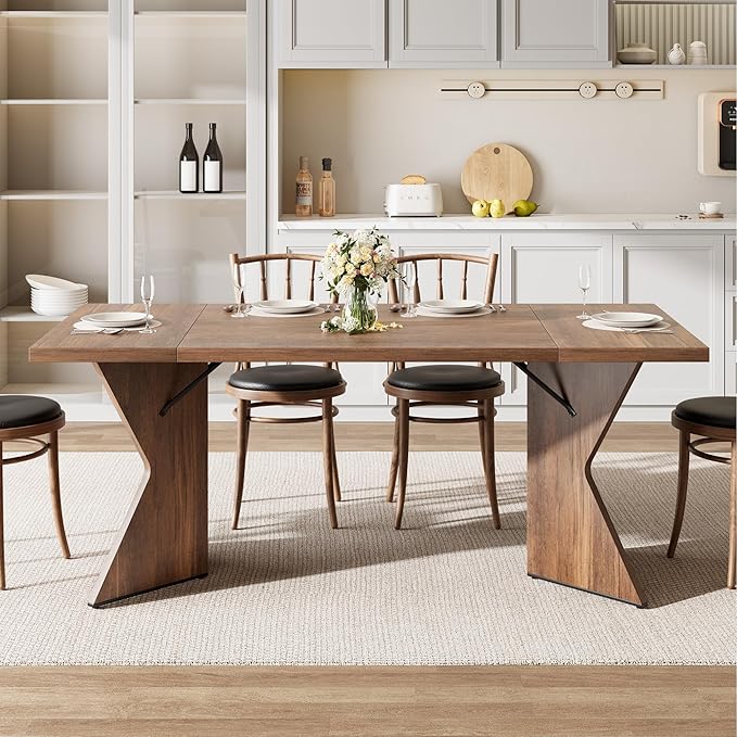 GarveeHome Dining Room Table 6, 71 Inch Rectangular Kitchen Table Dining Room Furniture with Sturdy Frame, Thickened Long Tabledesk and Dinner Desk for Party, Big Family, v-Cut Leg(Retro)