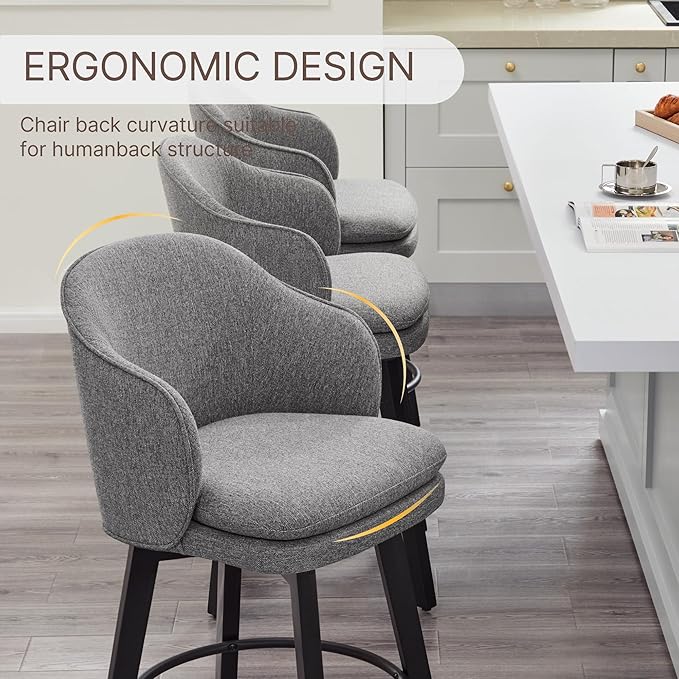 Counter Height Barstools 26 inch Upholstered Swivel Bar Stools with Back and Wood Legs for Kitchen Island,Set of 1,Dark Grey Fabric