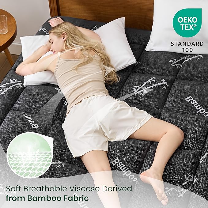 Love's cabin Twin Mattress Topper, Rayon Derived from Bamboo, 900 GSM Breathable Mattress Topper Pad, Thick Pillow Top Mattress Pad Stretches up with 8"-20" Deep Pocket(39"x75"), Black