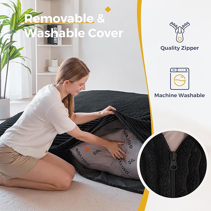 MAXYOYO Giant Bean Bag Chair with Pillow, 3 in 1 Convertible Bean Bag Chair for Adults with Washable Cover, Removable Floor Cushion Stuffed Floor Lounger for Living Room Bedroom, Black, Queen