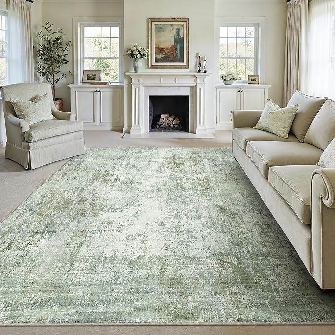 8x10 Washable Area Rug Green Modern Neutral Abstract Living Room Bedroom Indoor Floor Carpet Low Pile Soft Non-Slip Lightweight Vacuumable Large Throw Rug for Nursery Dining Room