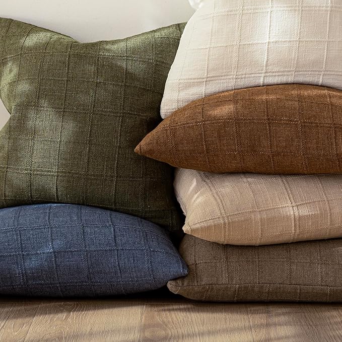 Foindtower Set of 2 Decorative Linen Check Throw Pillow Covers Neutral Long Body Lumbar Cushion Covers Farmhouse Vintage Boho Home Decor For Sofa Chair Couch Bedroom Living Room,14×36 Inch,Light Brown