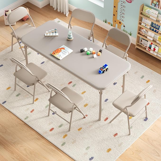 GarveeHome 7-Piece Kids Folding Table and Chairs Set, Toddlers Children's Activity Table and Chairs Set for Dining Room,Daycare,Classrooms