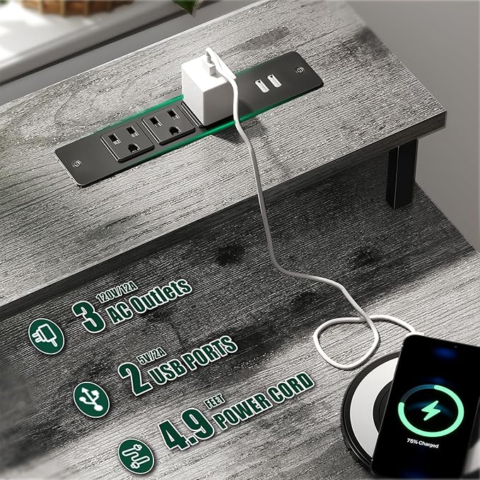 55 Inch Computer Gaming Desk with Power Outlets LED Lights, Reversible Home Office with Adjustable Fabric Storage Drawers for Working Writing Study, Grey
