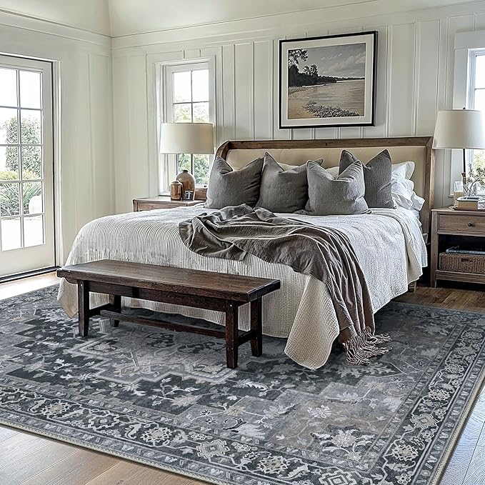 GENIMO 5x7 Area Rugs for Living Room, Machine Washable Non Slip Vintage Rugs, Low Pile Lightweight Chenille Print Rug for Bedroom, Dining Room, Home Office,Dark Gray