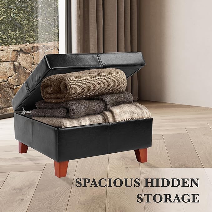 Homepop Home Decor |K2380-E169 | Luxury Large Faux Leather Square Storage Ottoman | Ottoman with Storage for Living Room & Bedroom, Black
