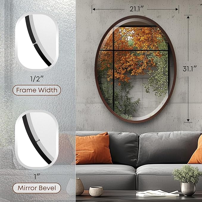 OVALCREST - Oval Wooden Beveled Wall Mirror for Home Decor, Bathroom, Vanity, Bedroom, Living Room, Hallway - London Style (Black Walnut) 21.1 x 31.1
