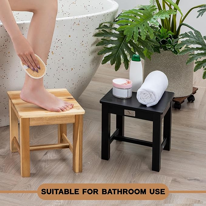 12 Inch Wooden Black Step Stool, Small Nature Beach Chair Under Desk, Indoor Acacia Wood Short Footstool for Living Room, Kitchen, Bathroom