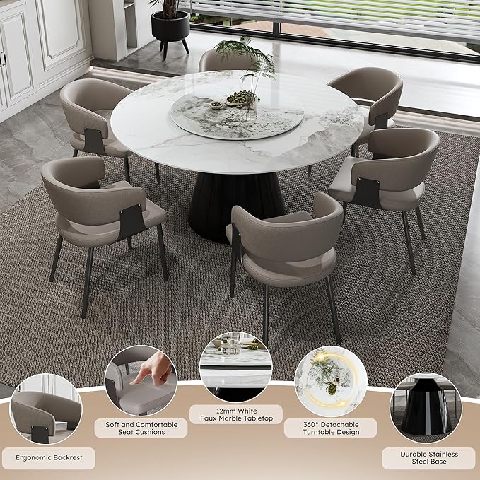 Ball & Cast 7-Piece Dining Set,Faux Marble Table with Detachable Rotating Tray & 6 PU Leather Chairs,Modern Kitchen Dining Room Table Set w/Stainless Steel Base,for Restaurant & Home,Grey