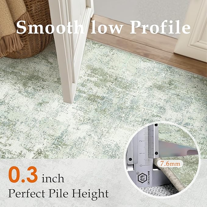 8x10 Washable Area Rug Green Modern Neutral Abstract Living Room Bedroom Indoor Floor Carpet Low Pile Soft Non-Slip Lightweight Vacuumable Large Throw Rug for Nursery Dining Room