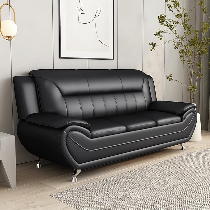 Container Furniture Direct Michael Modern Faux Leather Upholstered Stainless Steel Legs Living Room Sofa, Midnight Black