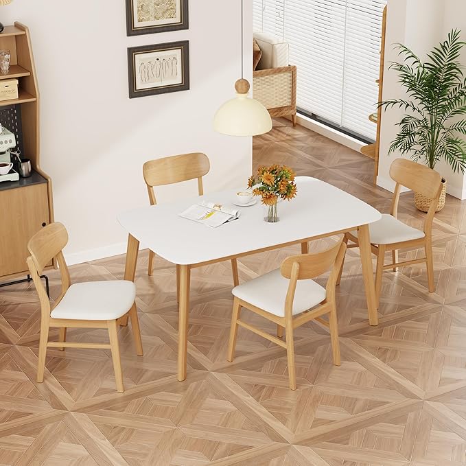 Merax 5-Piece Dining Set, Solild Wood Table & Chairs with Backrests for 4, Farmhouse Natural Kitchen Furniture for Home, Dining Room, Natural Oak+Beige