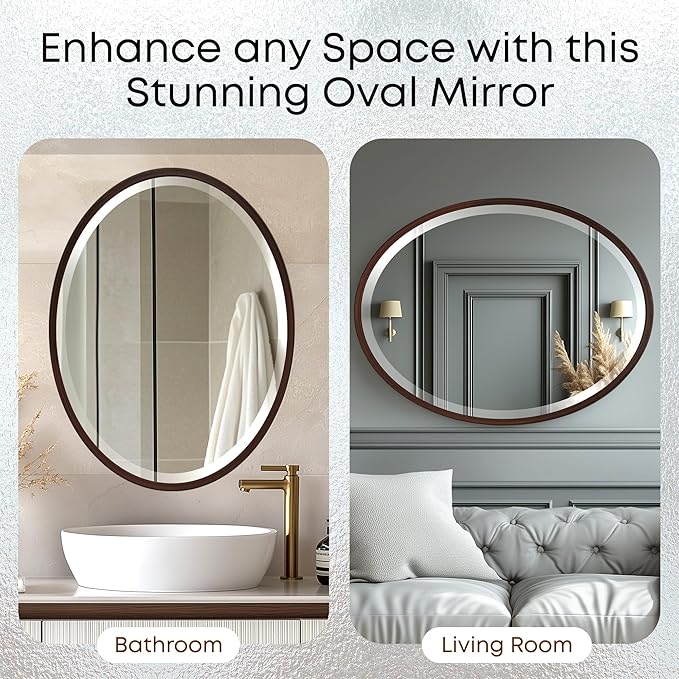 OVALCREST - Oval Wooden Beveled Wall Mirror for Home Decor, Bathroom, Vanity, Bedroom, Living Room, Hallway - London Style (Black Walnut) 25.1 x 31.1