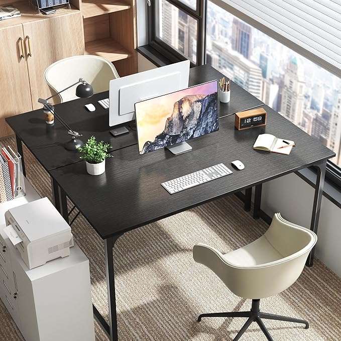 Huuger Computer Desk, 55 Inch Home Office Desk, Gaming Writing Work from Home Study Desk, Large Legroom, Sturdy Metal Frame, Modern Simple, Black