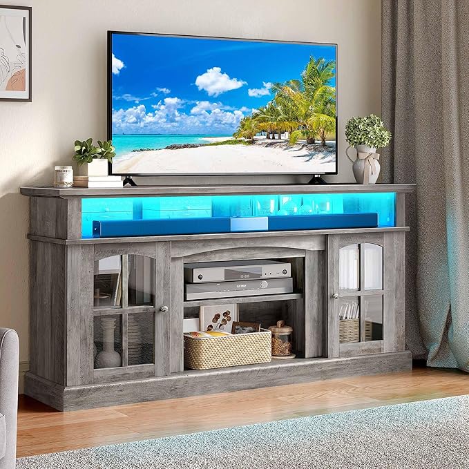 YITAHOME LED Farmhouse TV Stand for 75 Inch w/Outlets, Modern Entertainment Center with Glass Doors and Adjustable Storage Shelves, Media Console TV Cabinet for for Living Room, Grey