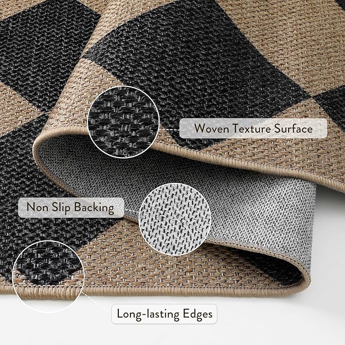 Lahome Checkered Easy Jute Entry Rug, 3x5 Black Outdoor Patio Rug for Living Room Farmhouse Neutral Carpet, Washable Non Slip Indoor Door Mat Diamond Carpet for Front Door Deck Camping