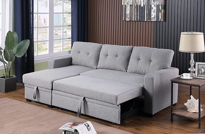 Devion Furniture Philly 4-in-1 Convertible L Shaped Couch with Pull Out Bed and Storage, Sectional Sleeper Sofa with Reversible Chaise for Living Room, Apartment, Bedroom, Office