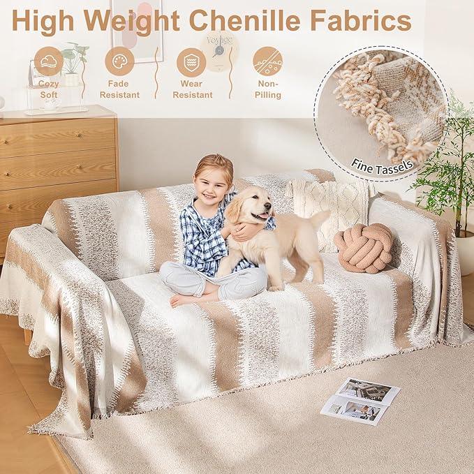 Boho Couch Cover, Sofa Cover, Sofa Covers for 2 Cushion Couch, Washable Sectional Couch Covers for Dogs Pet Furniture Protector Couch Cover Blanket for Living Room (1# Khaki, 71" x 118")