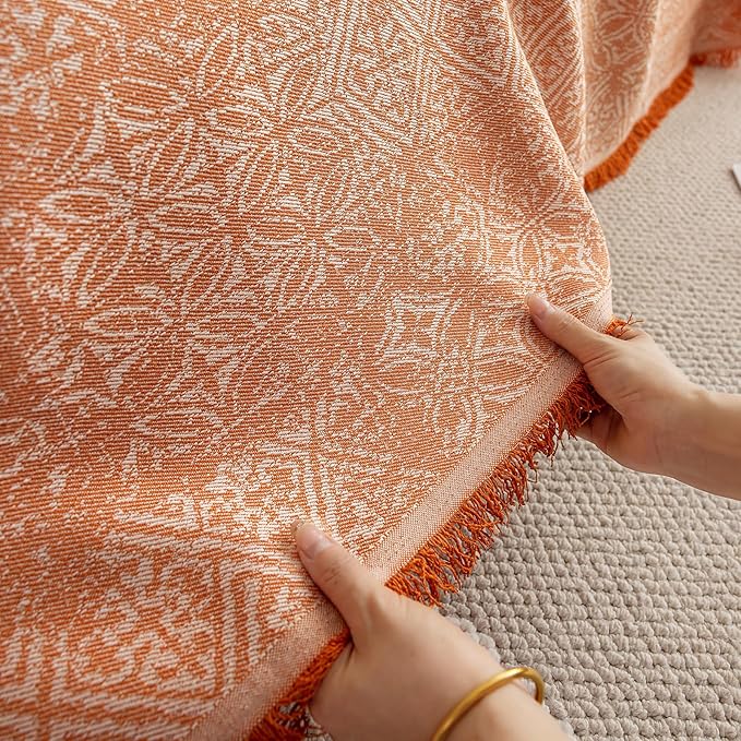 STACYPIK Boho Sofa Cover for Pets, Orange Geometric Couch Cover for 3 Cushion Sofa, Washable Dogs Protector for Living Room, Anti-Slip Sectional Covers for Loveseat with Tassel Throw Blanket-71X150IN