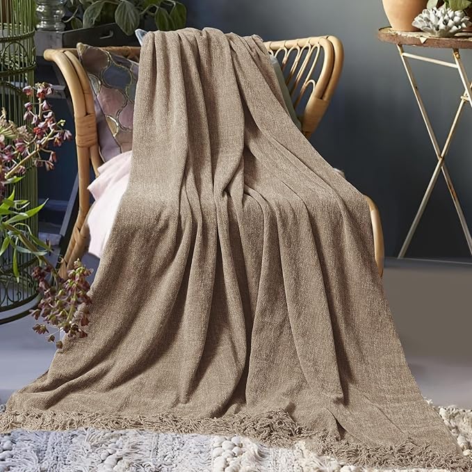 Chenille Throw Blanket for Couch 50"X 60", Soft Cozy Throws with Fringe Tassel for Bed Sofa Chair Cover, Lightweight Knitted Decorative Boho Blankets for Living Room, Taupe