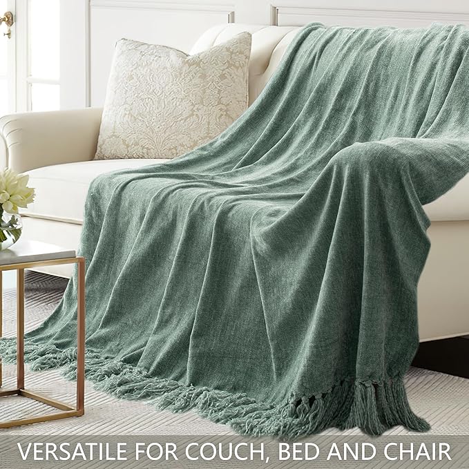 Chenille Throw Blanket for Couch 50"X 60", Soft Cozy Throws with Fringe Tassel for Bed Sofa Chair Cover, Lightweight Knitted Decorative Boho Blankets for Living Room, Sage Green