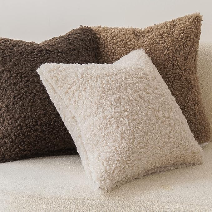 Foindtower 2 Pieces 16x16 Inch Neutral Cream, Faux Fur Throw Pillow Cover Accent Sherpa Pillow Fuzzy Soft Pillowcases Sheepskin Decorative Fleece Cushion Case for Bed Couch Living Room