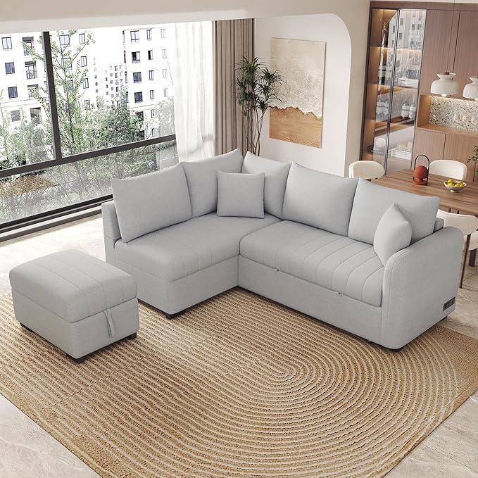 Ball & Cast L-Shaped Sectional Pull Out Sofa with Two USB Ports,4-Seater Convertible Couch w/Power Sockets and Movable Storage Ottoman,for Living Room,Apartment,Grey
