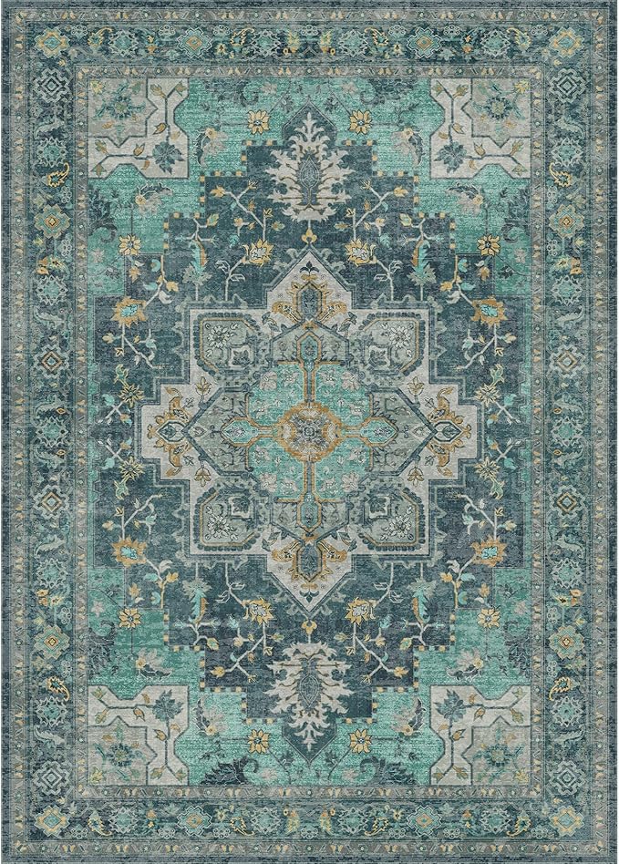 GENIMO 3x5 Area Rugs for Living Room, Machine Washable Non Slip Vintage Rugs, Low Pile Lightweight Chenille Print Rug for Bedroom, Dining Room, Home Office, Dark Green