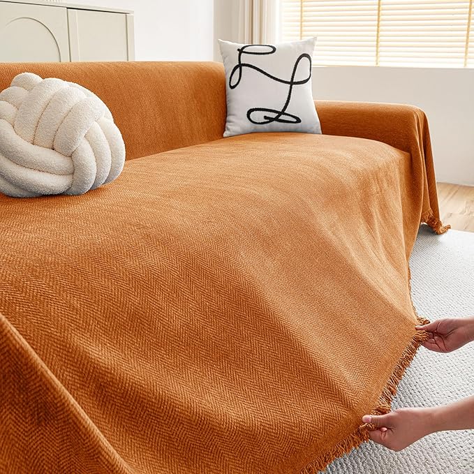 hyha Couch Cover for Dogs, Boho Sofa Covers for 3 Cushion Couch Washable, Chenille Sofa Slipcover for Pets, Soft Loveseat Sectional Couch Throw Blankets with Tassels (Orange, 71x150 Inch)