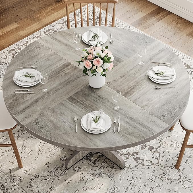 Garvee 47 Inch Round Dining Table for 4, Farmhouse Kitchen Dining Room Circle Dinner Table, Kitchen Dining Room Furniture, Grey (Table Only)