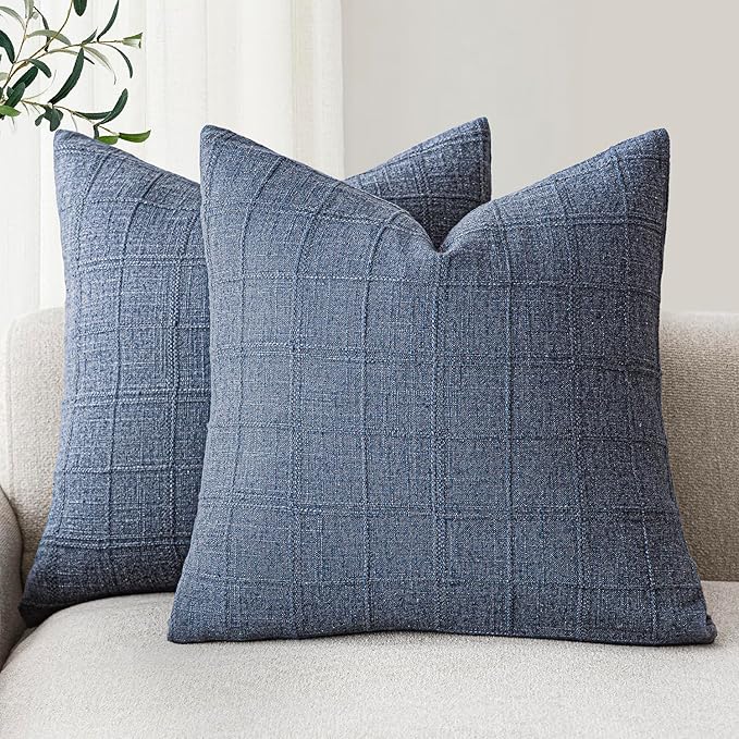 Foindtower Set of 2 Decorative Linen Check Throw Pillow Covers Neutral Farmhouse Vintage Cushion Covers Modern Coastal Boho Home Decor for Sofa Chair Couch Bedroom Living Room Outdoor,20×20 Inch,Blue