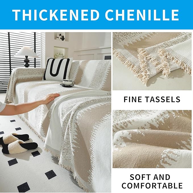 LUFEIJIASHI Boho Couch Covers for Sofa Non Slip Sofa Covers Washable Couch Covers for 3 Cushion Couch Sofa Pet Friendly Sectional Couch Cover Blanket Furniture Protector for Dogs (Khaki, 71"x150")