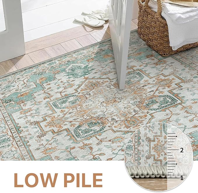 GENIMO 5x7 Area Rugs for Living Room, Machine Washable Non Slip Vintage Rugs, Low Pile Lightweight Chenille Print Rug for Bedroom, Dining Room, Home Office, Cyan