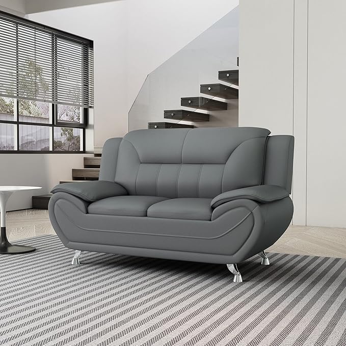 Container Furniture Direct Michael Modern Faux Leather Upholstered Stainless Steel Legs Living Room Sofa, Loveseat, Sleek Gray