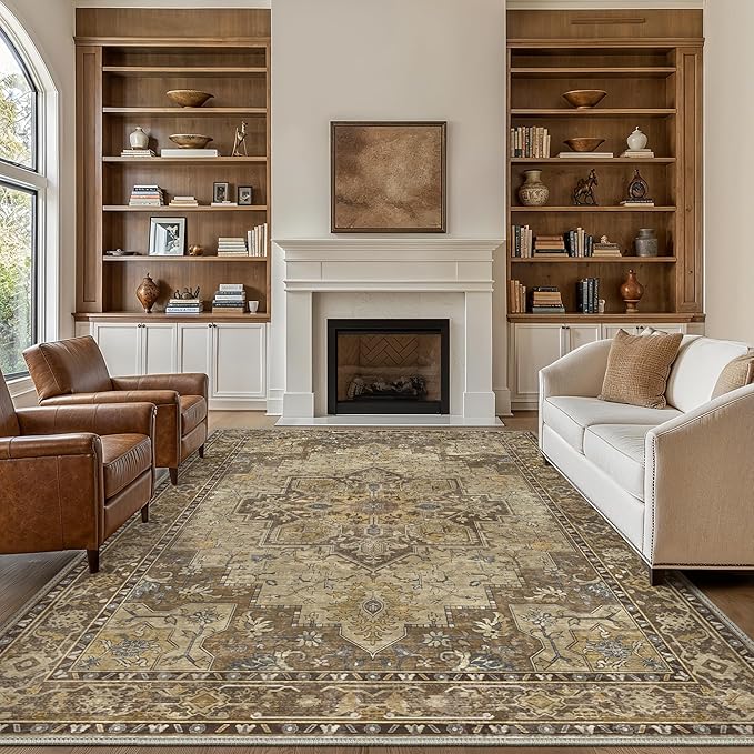 GENIMO 5x7 Area Rugs for Living Room, Machine Washable Non Slip Vintage Rugs, Low Pile Lightweight Chenille Print Rug for Bedroom, Dining Room, Home Office,Rustic Brown