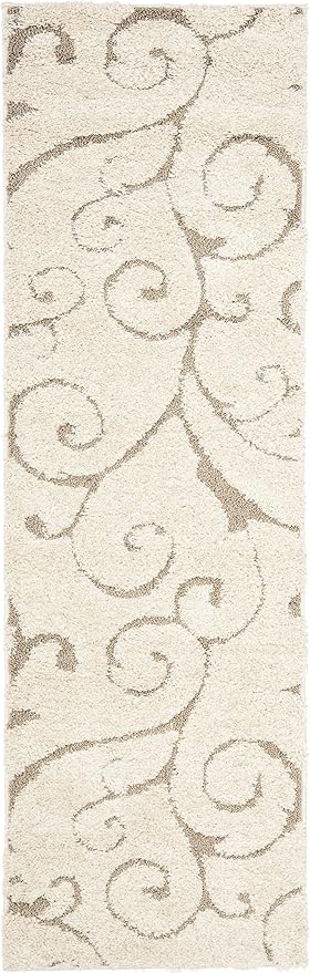 SAFAVIEH Florida Shag Collection Runner Rug - 2'3" x 15', Cream & Beige, Scroll Design, Non-Shedding & Easy Care, 1.2-inch Thick Ideal for High Traffic Areas in Living Room, Bedroom (SG455-1113)