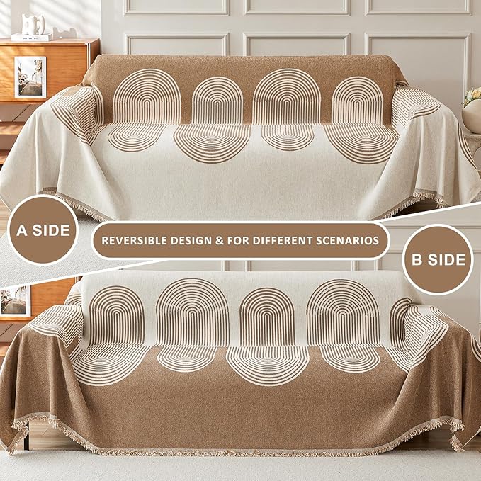 STACYPIK Boho Arched Pattern Sofa Cover Throw, Washable Chenille Furniture Protector for 2 Seater Sofa, Anti Scratch Couch Cover for Dogs Cats, Pet Proof Loveseat Slipcovers Throw Blanket-71X118IN