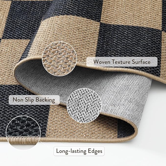Lahome Checkered Easy Jute 8x10 Rug, Washable Rugs for Living Room Office, Farmhouse Neutral Non Slip Non Shedding Stain Resistance Indoor Outdoor Carpet for Balcony Patio Classroom