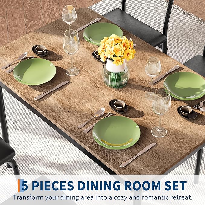 IDEALHOUSE 5 Piece Dining Room Table Set, Kitchen Table Set for 4 with Brown Wooden Grain Kitchen Table and 4 PU Upholstered Metal Chairs, Dining Room Set for Small Space,Home Dinner(4 Black Chairs)