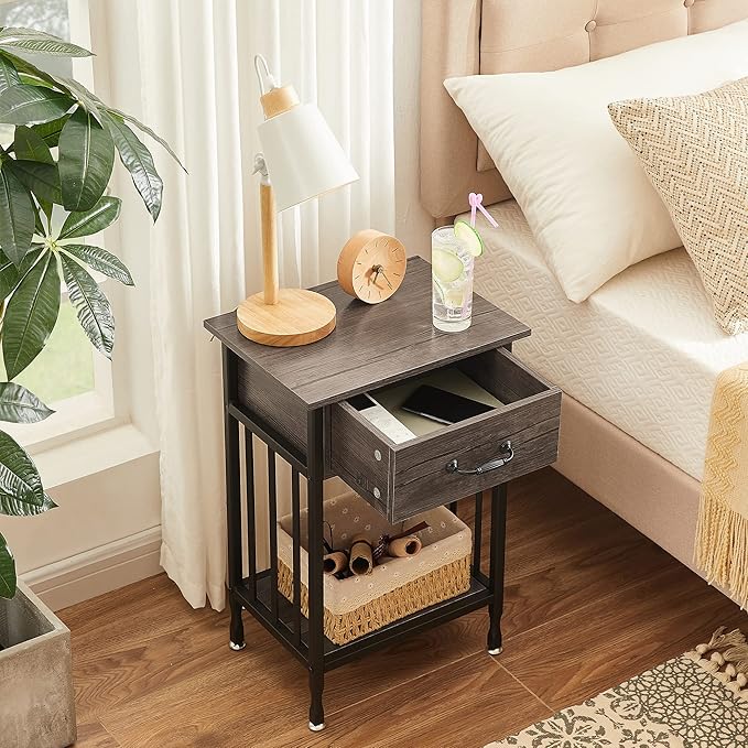 VECELO Nightstands Set of 2, Industrial Side Table/End Tables with Drawer and Storage Shelf, Night Stands for Bedroom, Living Room, Wood Metal Furniture, Easy Assembly