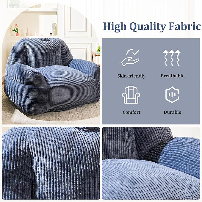 Giant Bean Bag Chair, Faux Fur Bean Bag Chairs for Adults, Fluffy and Comfy Bean Bag with Filler, Big Bean Bag Sofa Chair for Reading, Gaming, Stuffed High-Density Foam (Grey)