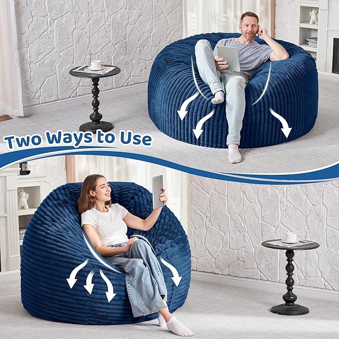 HABUTWAY 4FT Bean Bag Chair, 4' Large Bean Bag Chairs for Adults with Removable Stripe Plush Cover, Memory Foam Beanbag Chair for Living Room Bedroom Dorm (Blue)
